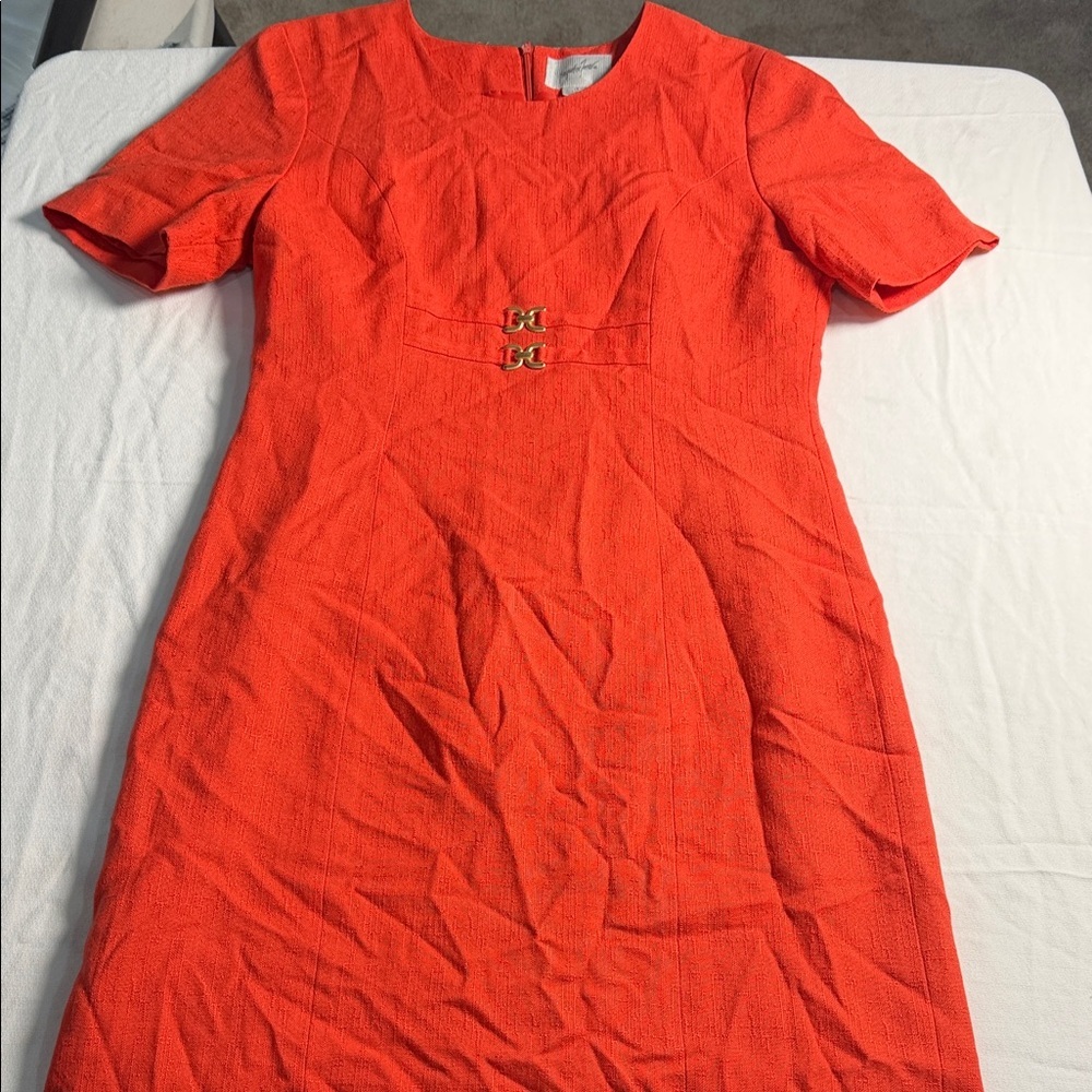 Jacqueline Ferrar Bright Coral Textured Midi Dress with Gold Hardware